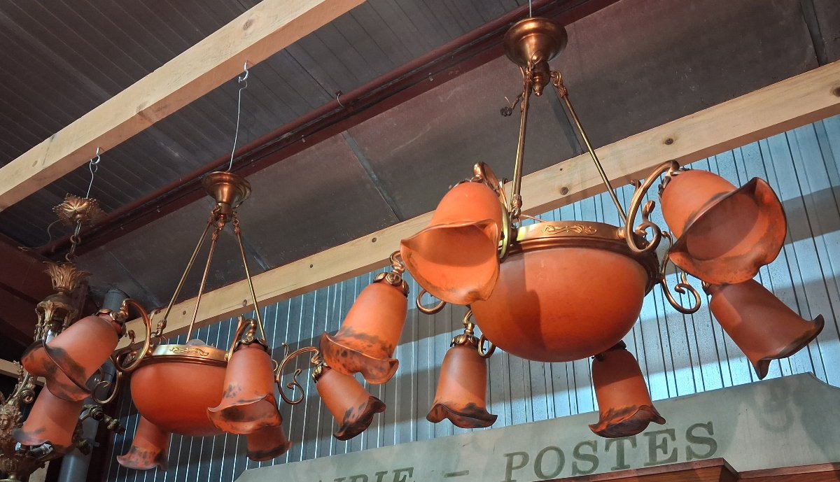 Pair Of Art Nouveau-style Chandeliers Made Of Bronze And Orange Glass Paste -photo-1
