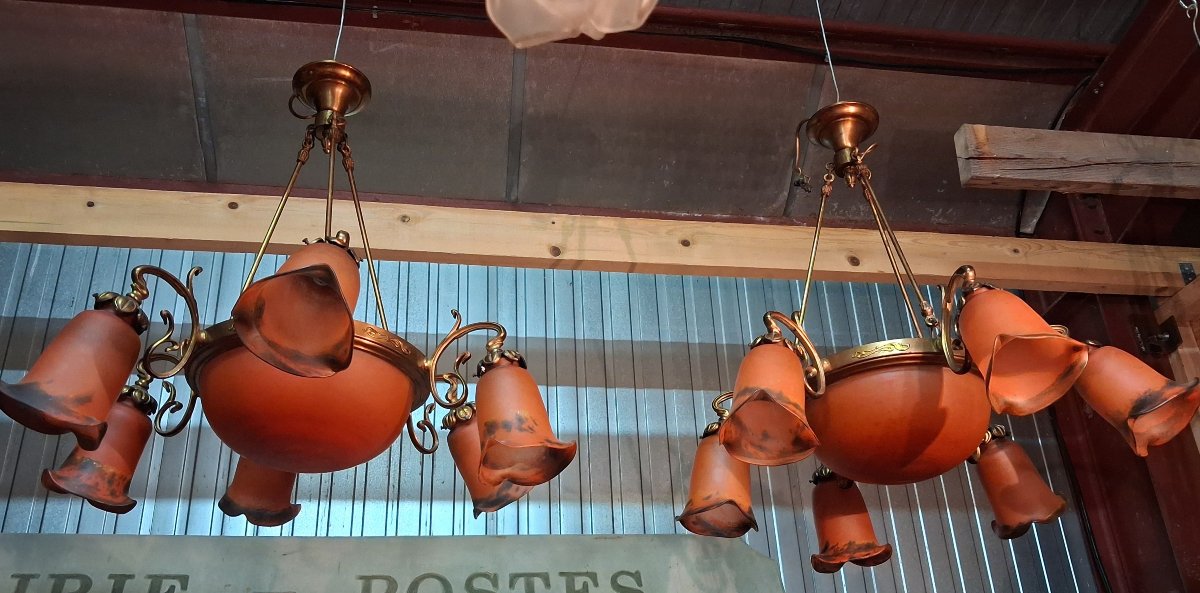 Pair Of Art Nouveau-style Chandeliers Made Of Bronze And Orange Glass Paste -photo-2