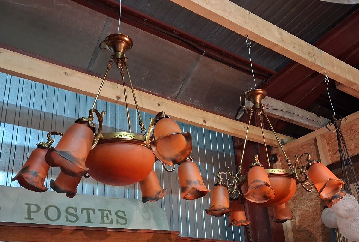 Pair Of Art Nouveau-style Chandeliers Made Of Bronze And Orange Glass Paste -photo-3