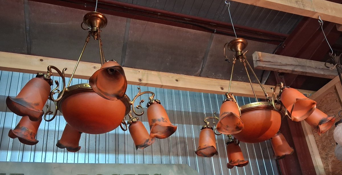 Pair Of Art Nouveau-style Chandeliers Made Of Bronze And Orange Glass Paste -photo-4