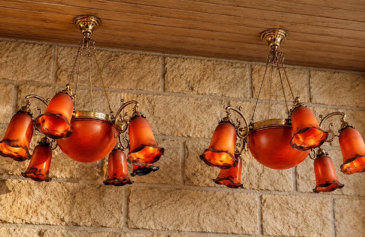 Pair Of Art Nouveau-style Chandeliers Made Of Bronze And Orange Glass Paste 