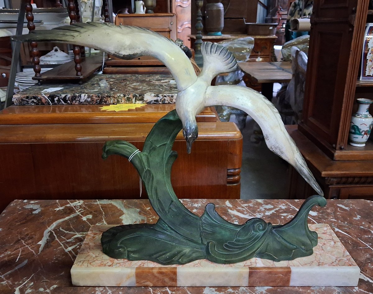 Art Deco Sculpture “seagull In Flight” On A Wave – Patinated Regule And Marble -photo-2