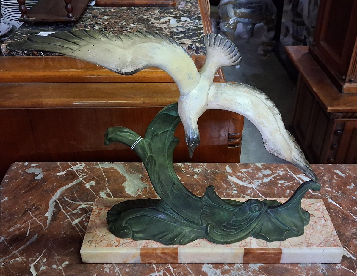 Art Deco Sculpture “seagull In Flight” On A Wave – Patinated Regule And Marble -photo-3