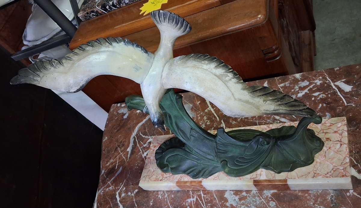 Art Deco Sculpture “seagull In Flight” On A Wave – Patinated Regule And Marble -photo-4