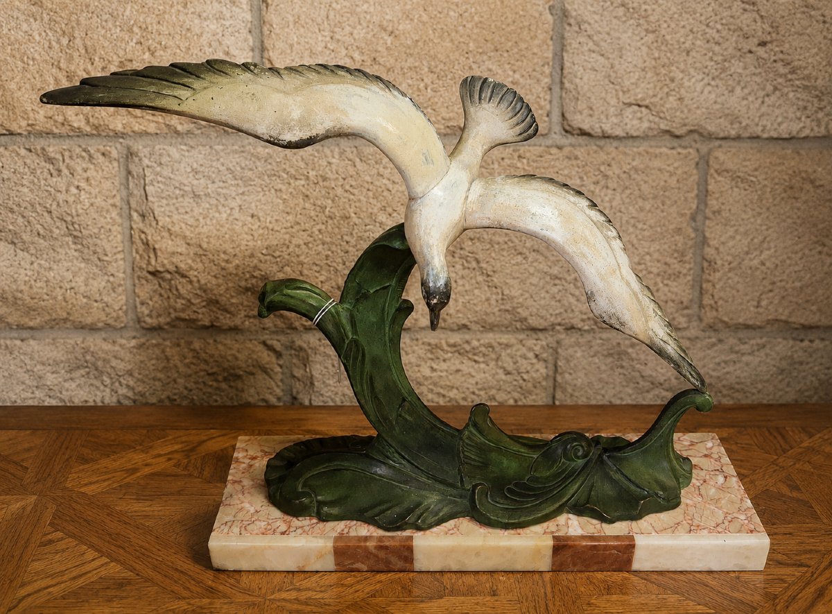 Art Deco Sculpture “seagull In Flight” On A Wave – Patinated Regule And Marble 