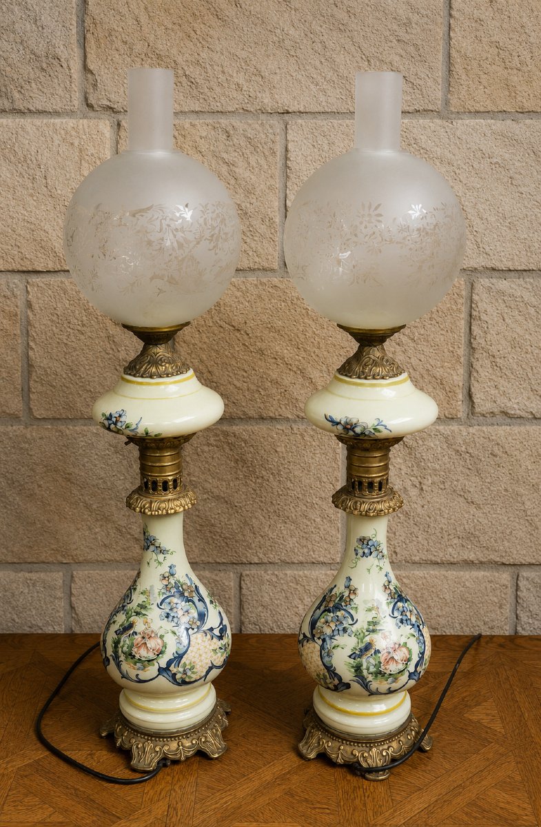 Pair Of Electrified Oil Lamps Made Of Painted Opaline Glass – 19th Century 