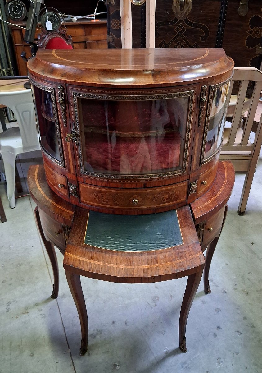 Desk - Louis XV-style "vitrine En Bonheur Du Jour" Display Cabinet With Marquetry -photo-5