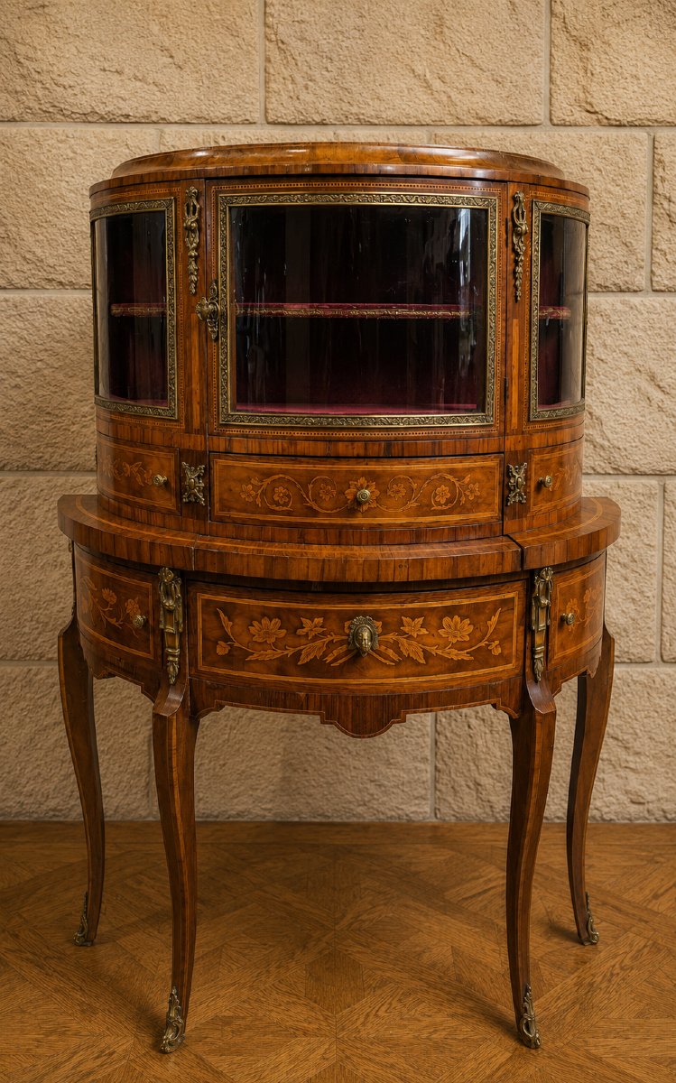 Desk - Louis XV-style "vitrine En Bonheur Du Jour" Display Cabinet With Marquetry 