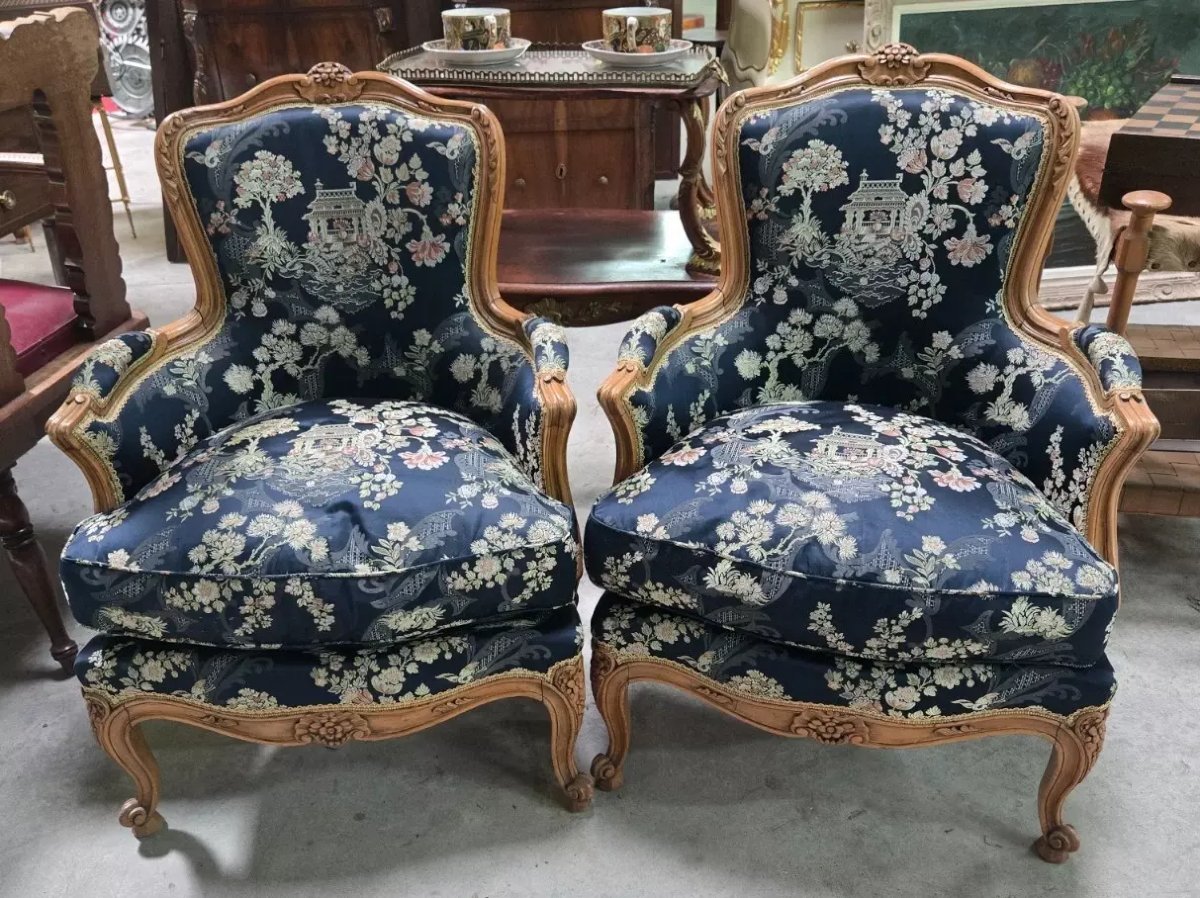 Paire de bergères de style Louis XV à tapisserie japonisante -photo-3