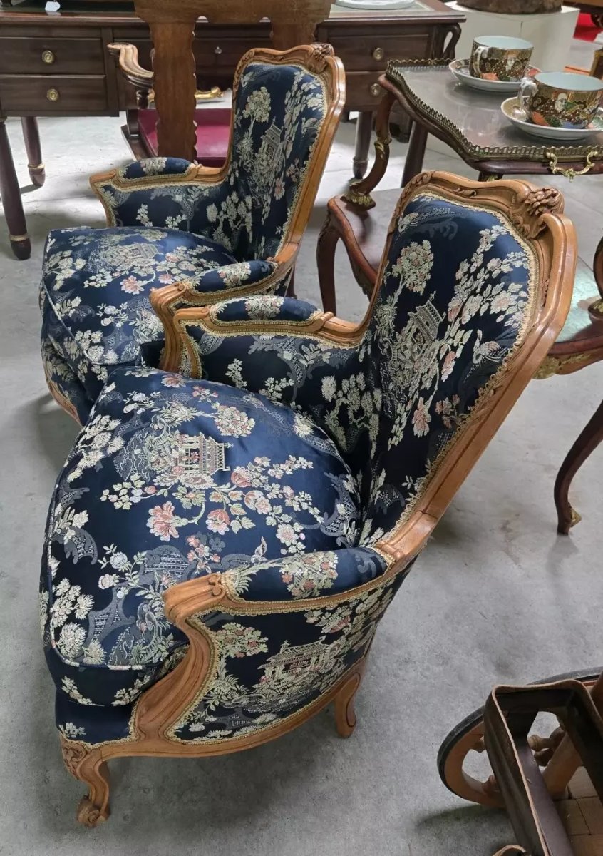 Paire de bergères de style Louis XV à tapisserie japonisante -photo-3