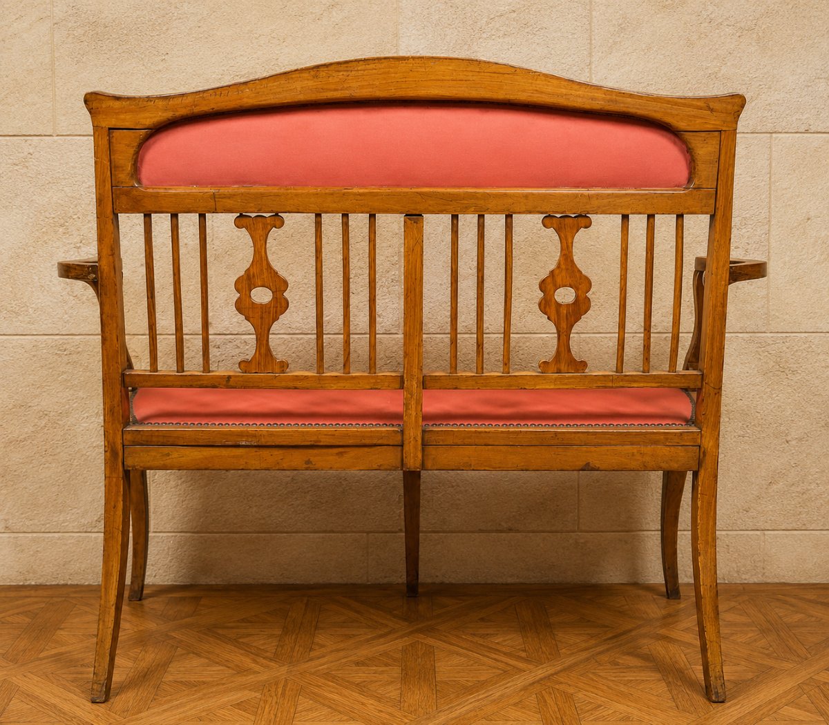 Banquette époque Art Nouveau en bois fruitier marqueté  -photo-2