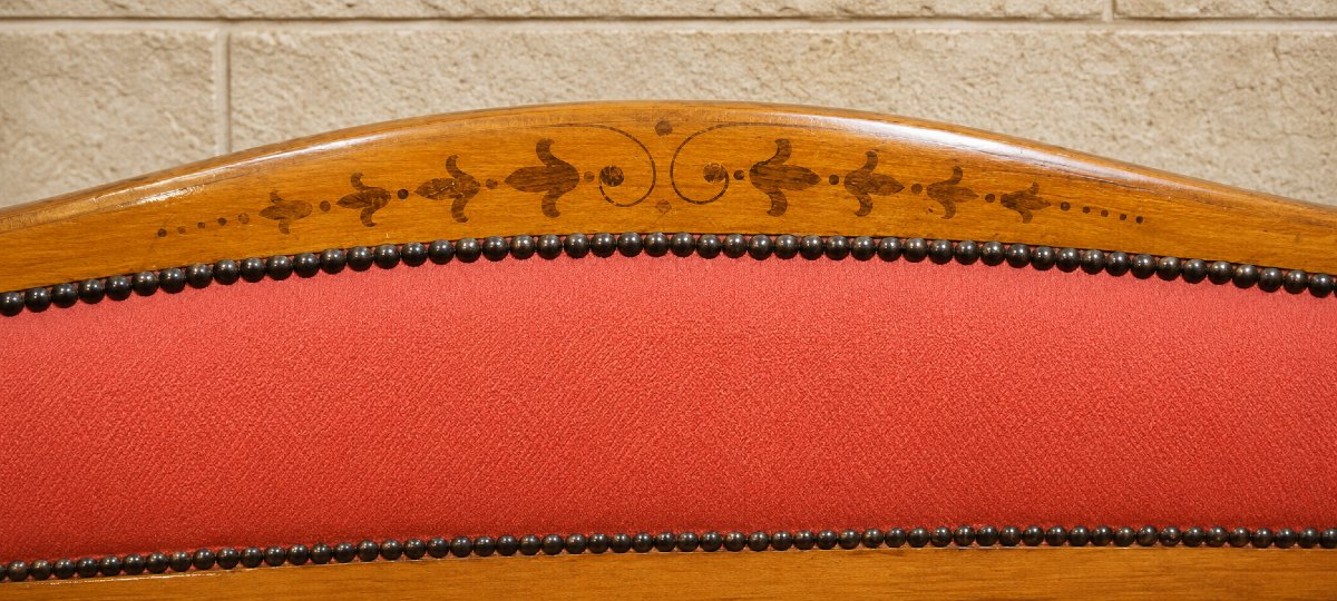 Banquette époque Art Nouveau en bois fruitier marqueté  -photo-3