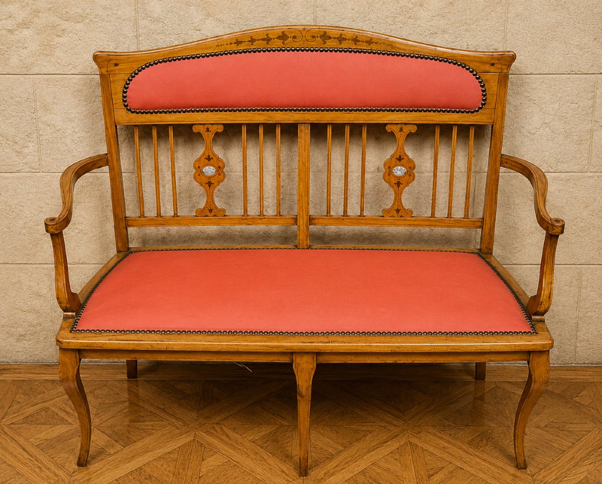 Banquette époque Art Nouveau en bois fruitier marqueté  -photo-4