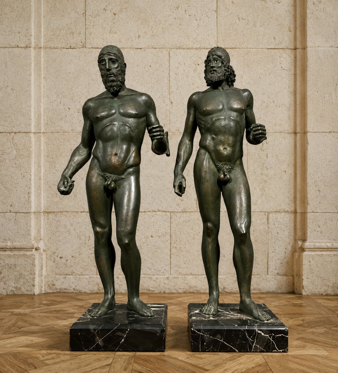 Sculptures en bronze à patine verte représentant Les guerriers de Riace 