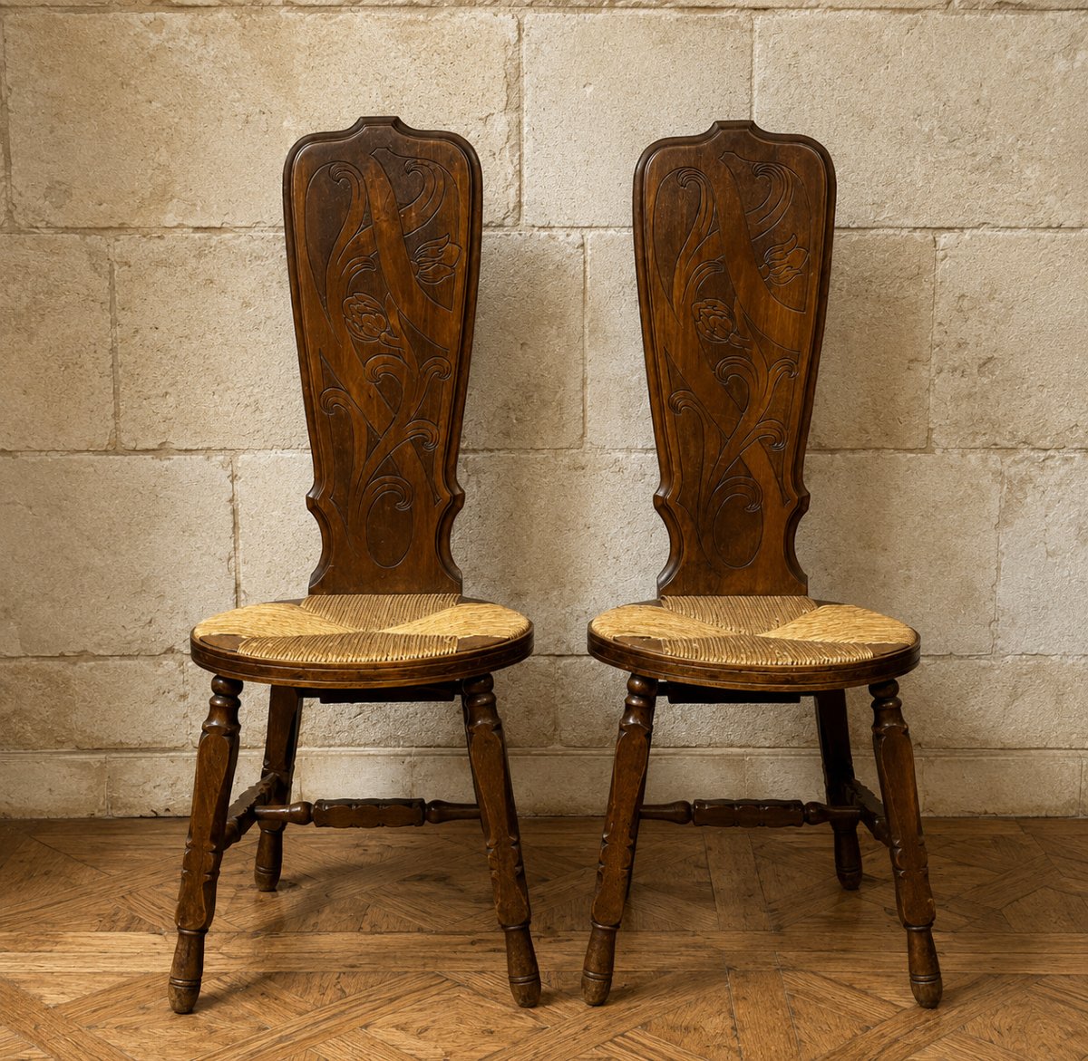 Pair Of Art Nouveau-style Chairs, Nancy School, 1900  