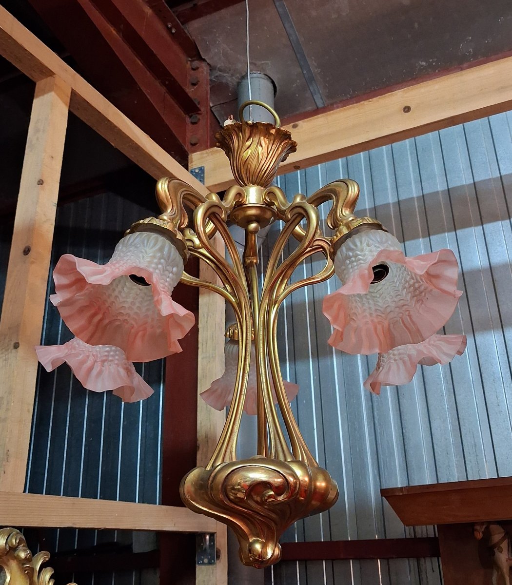 Art Nouveau-style Bronze Chandelier With Five Lights / Nancy School Style / 1900 -photo-2