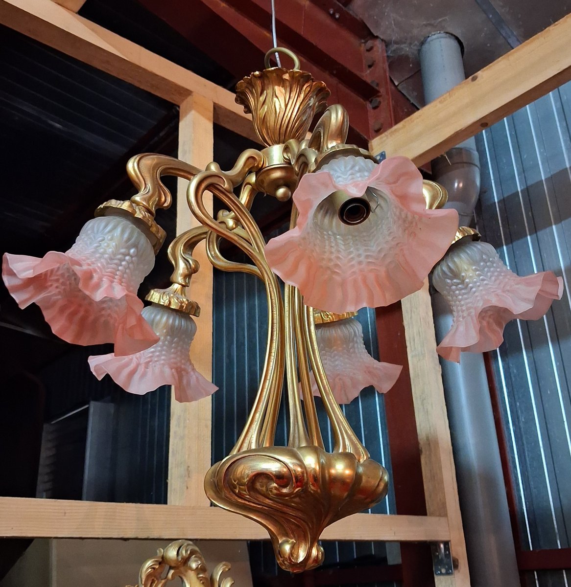 Art Nouveau-style Bronze Chandelier With Five Lights / Nancy School Style / 1900 -photo-3