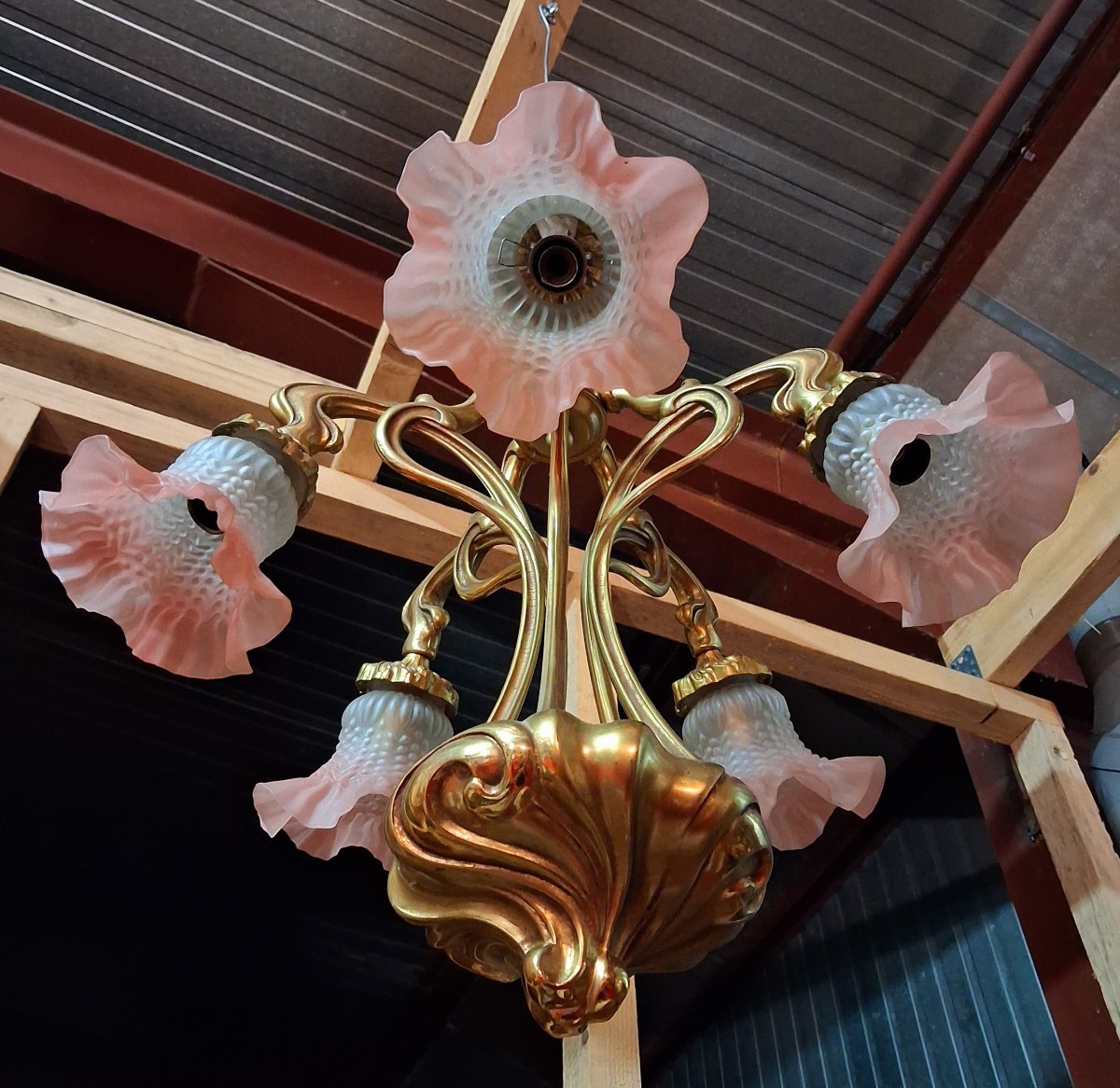 Art Nouveau-style Bronze Chandelier With Five Lights / Nancy School Style / 1900 -photo-4
