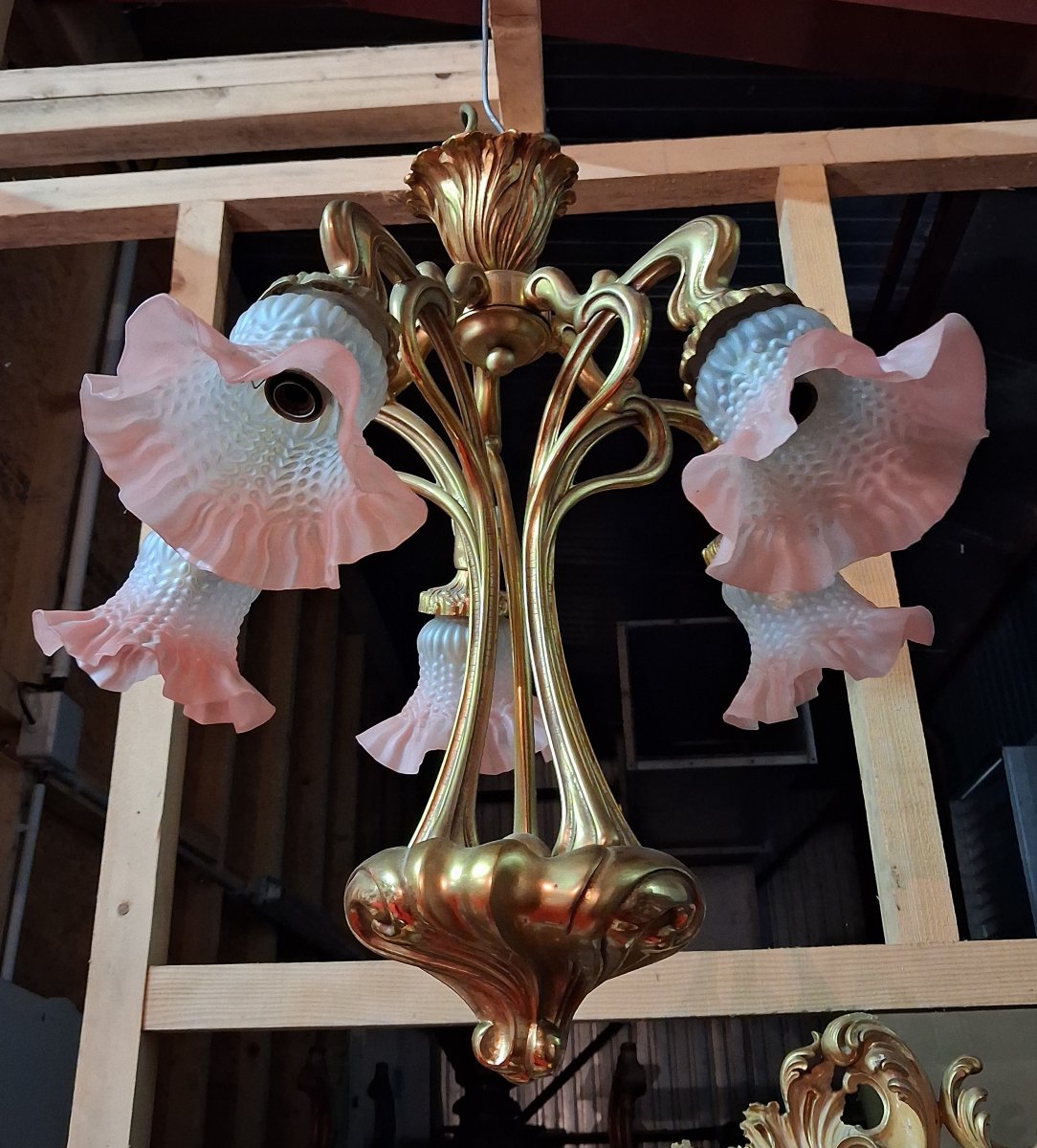 Art Nouveau-style Bronze Chandelier With Five Lights / Nancy School Style / 1900 -photo-1