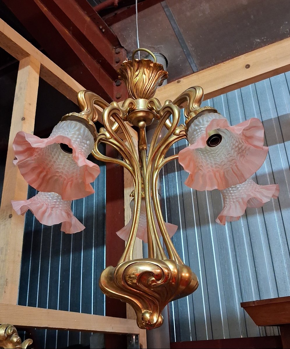 Art Nouveau-style Bronze Chandelier With Five Lights / Nancy School Style / 1900 -photo-2