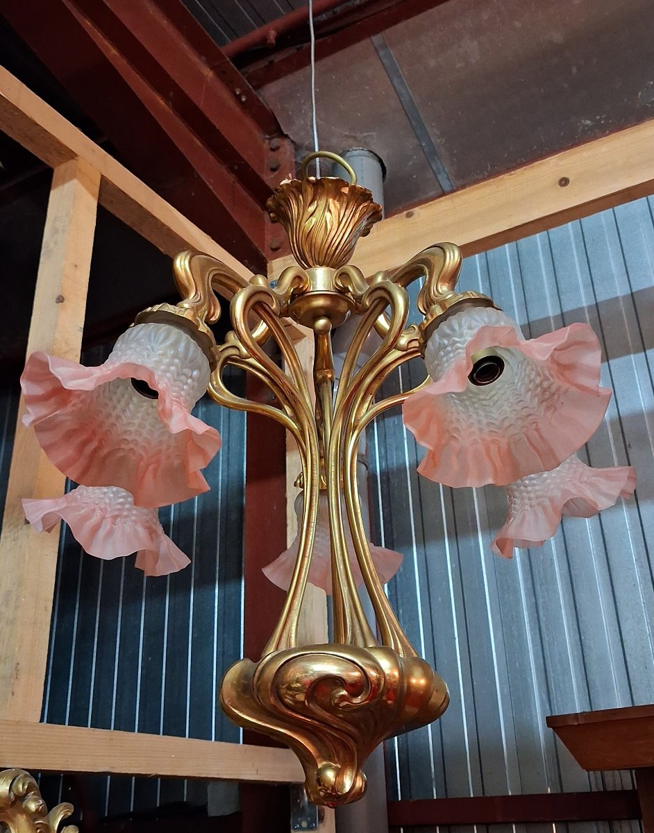 Art Nouveau-style Bronze Chandelier With Five Lights / Nancy School Style / 1900 -photo-3