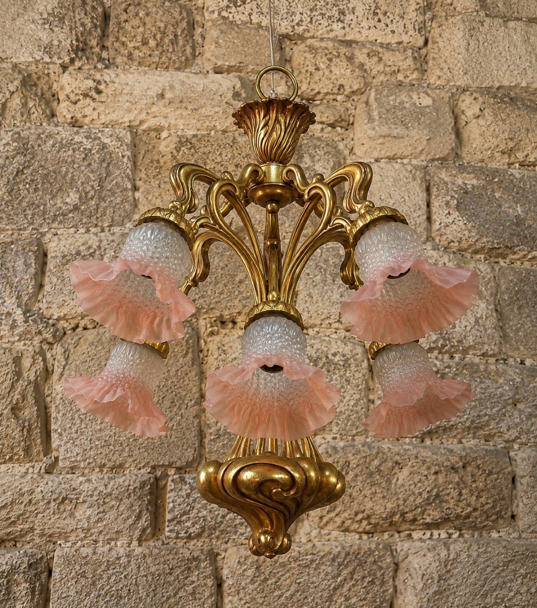 Art Nouveau-style Bronze Chandelier With Five Lights / Nancy School Style / 1900 