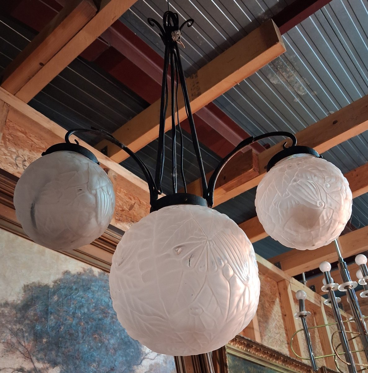 D'aprés Muller : lustre époque Art Déco à quatre lumières-photo-4