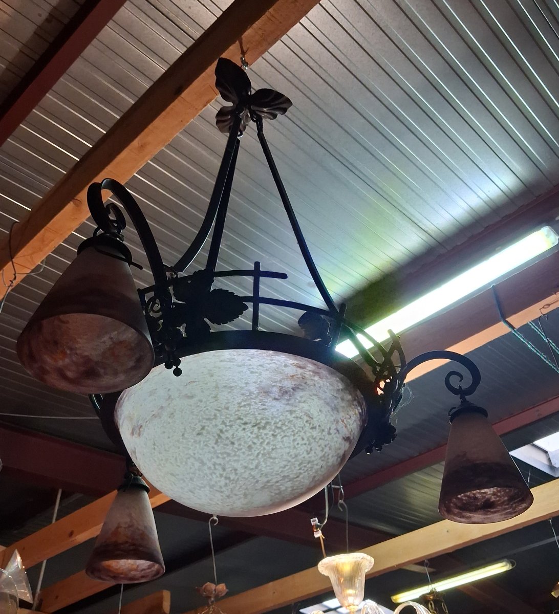 Degué: Large Art Nouveau-style Wrought-iron Chandelier-photo-4
