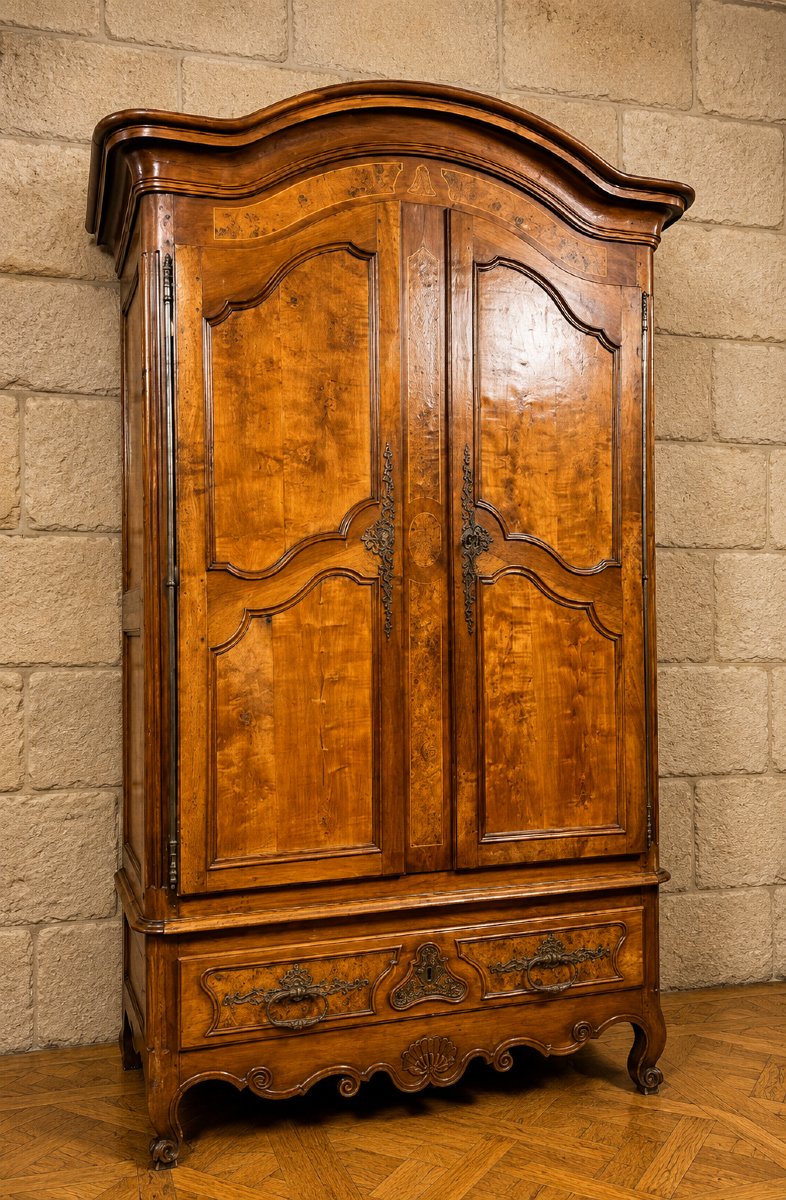 Importante armoire de mariage époque Louis XV en marquéterie et loupe-photo-4