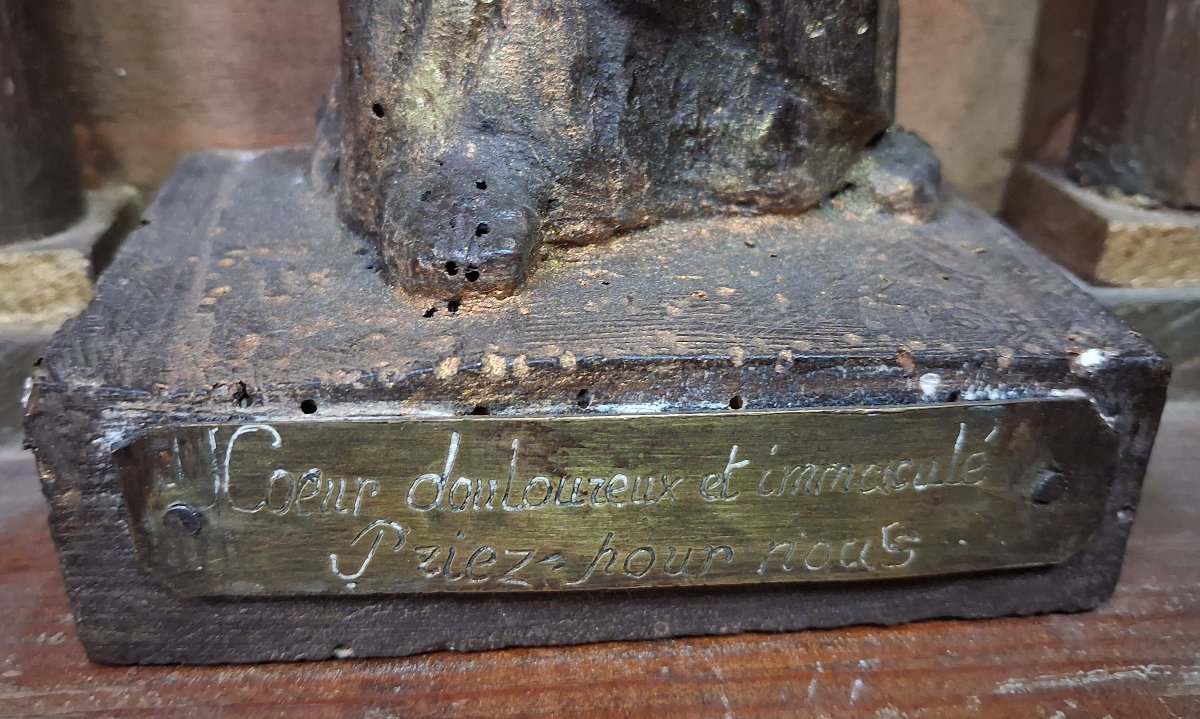 Statue de dévotion en bois sculpté, représentant la Vierge au Cœur douloureux et immaculé-photo-2
