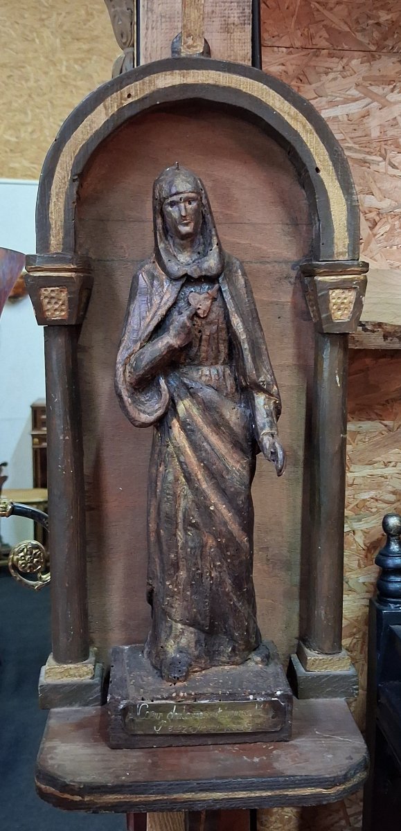 Statue de dévotion en bois sculpté, représentant la Vierge au Cœur douloureux et immaculé-photo-4