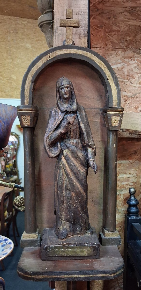 Statue de dévotion en bois sculpté, représentant la Vierge au Cœur douloureux et immaculé-photo-1