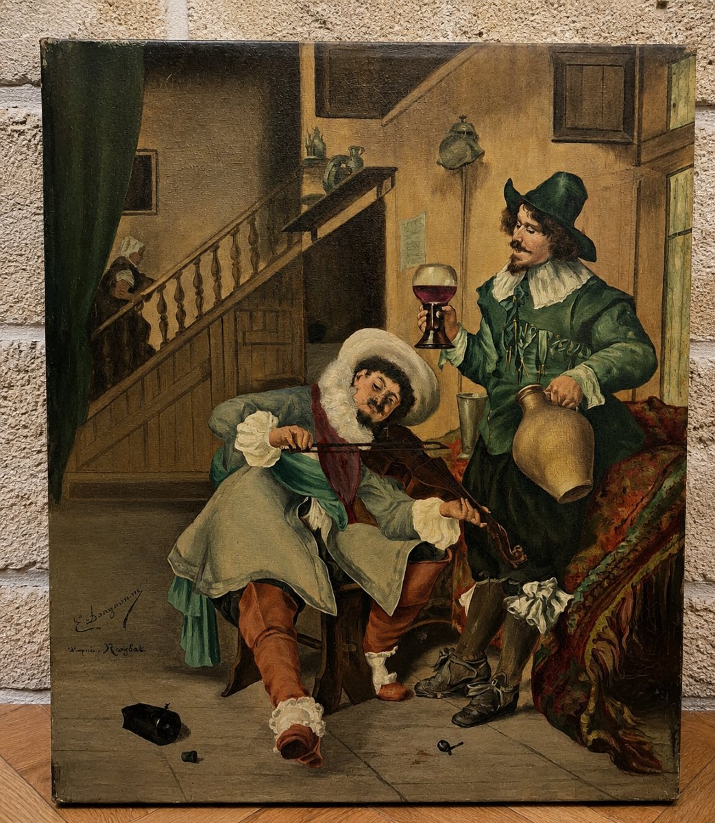 Oil On Canvas Depicting A Lively Tavern Scene In The Style Of The 17th Century