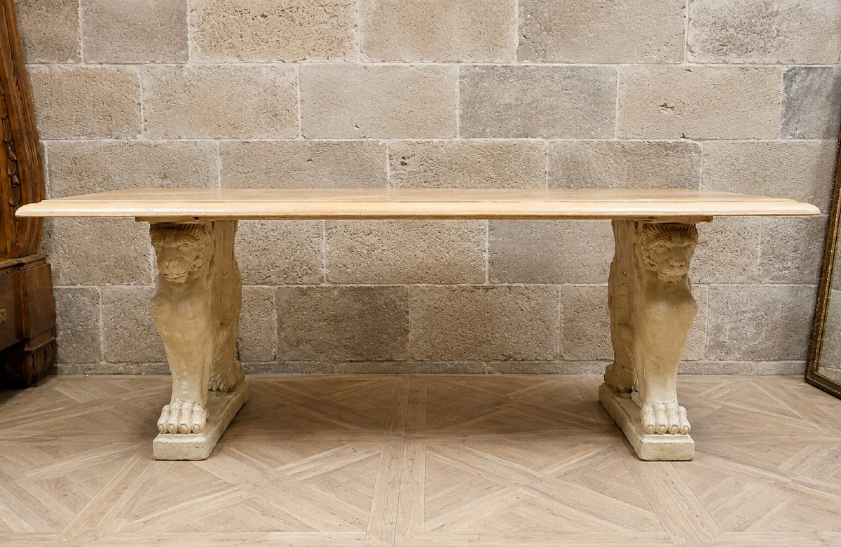 Importante table rectangulaire en pierre et bois clair-photo-3
