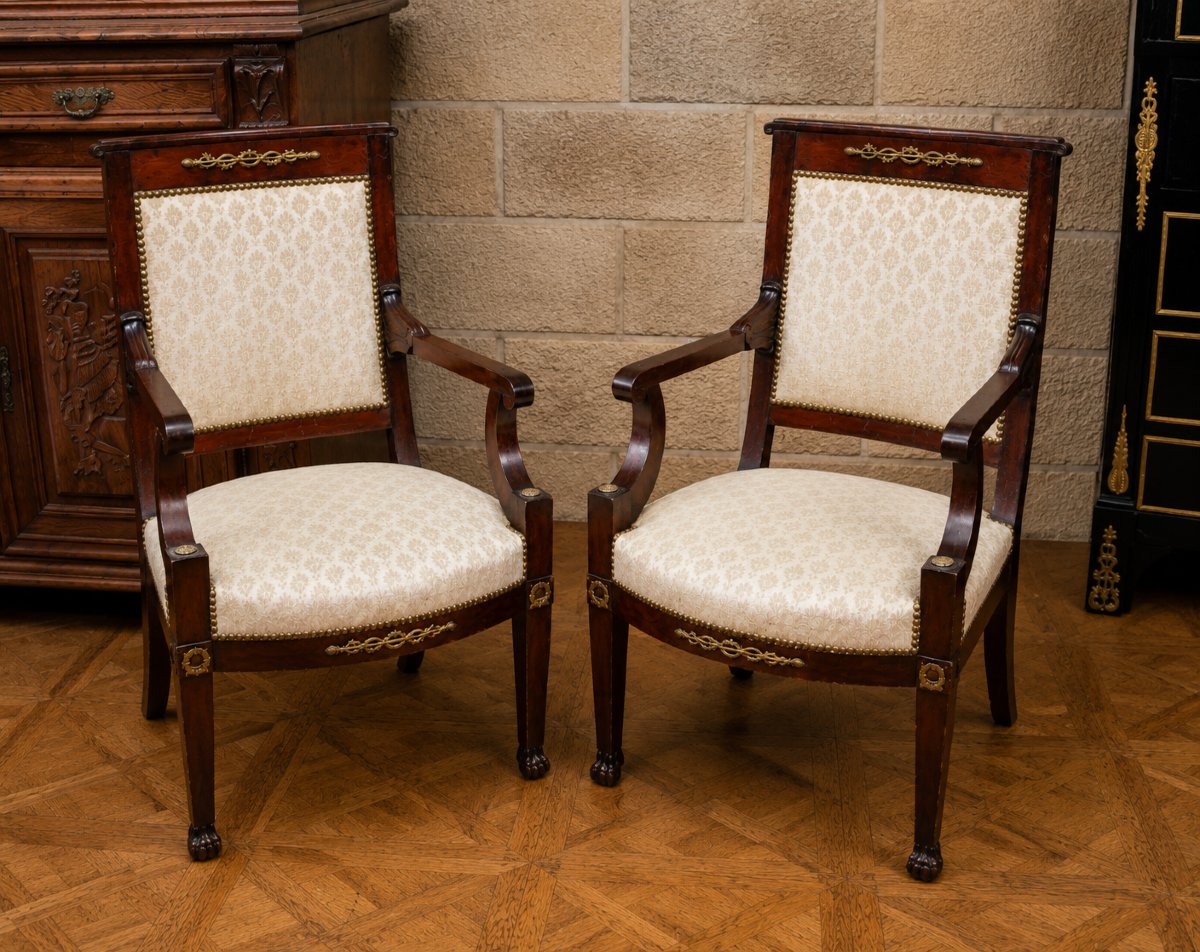 Pair Of Empire-style Armchairs, Made Of Mahogany