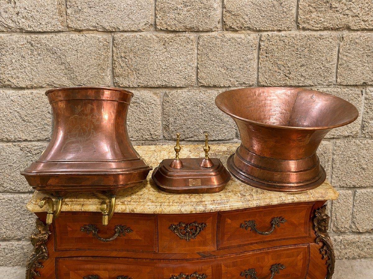 Antique Hammered Copper Fountain, Displayed With Its Matching Basin