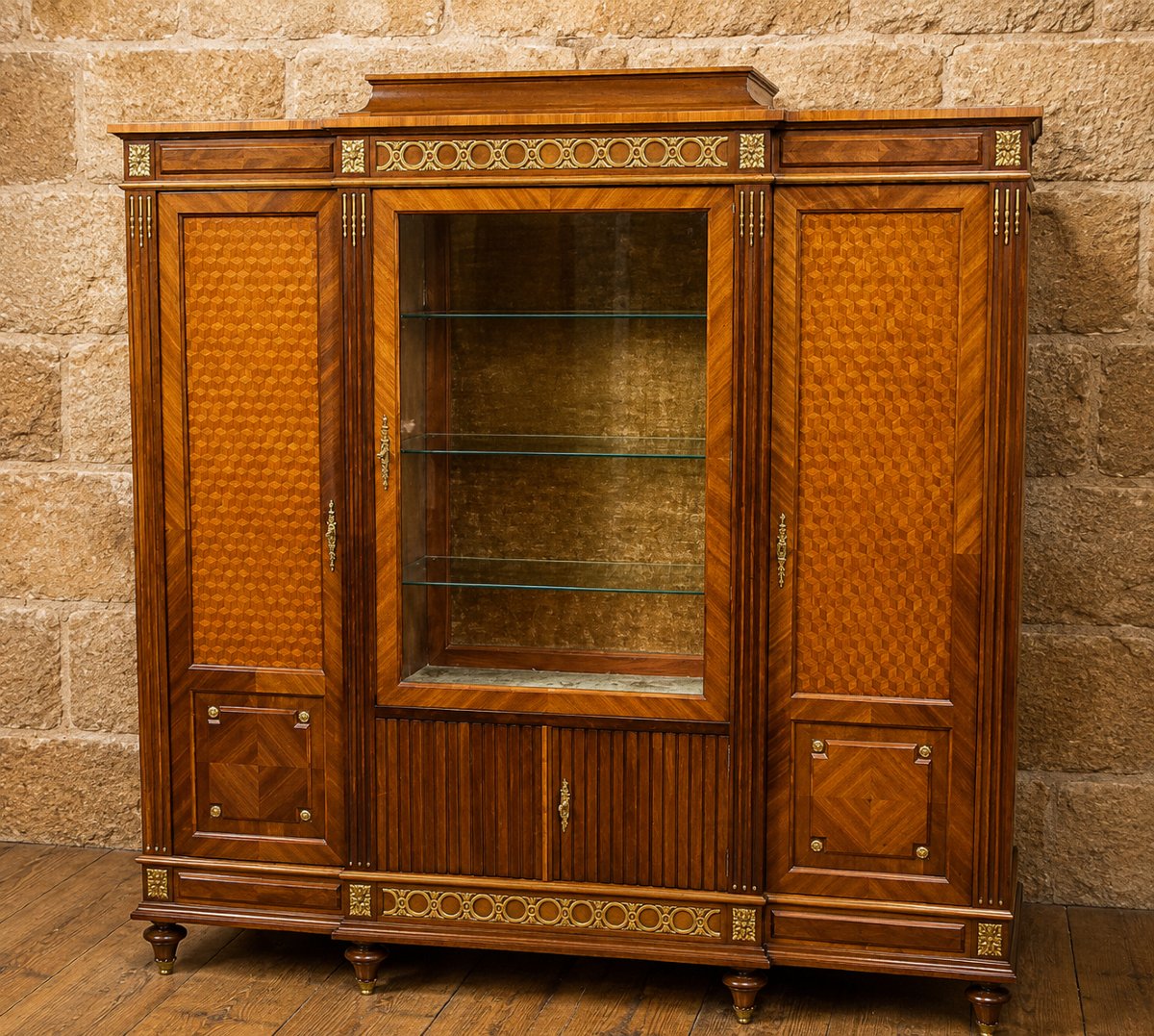 Importante bibliothèque-vitrine en bois nobles et marqueterie, estampillée A. Bastet, Lyon-photo-2