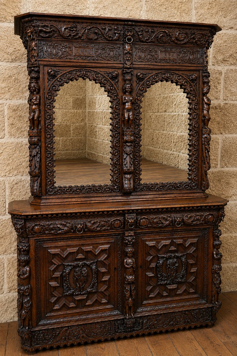 Grand buffet deux-corps style Renaissance richement sculpté – « ANNO 1634 »-photo-3