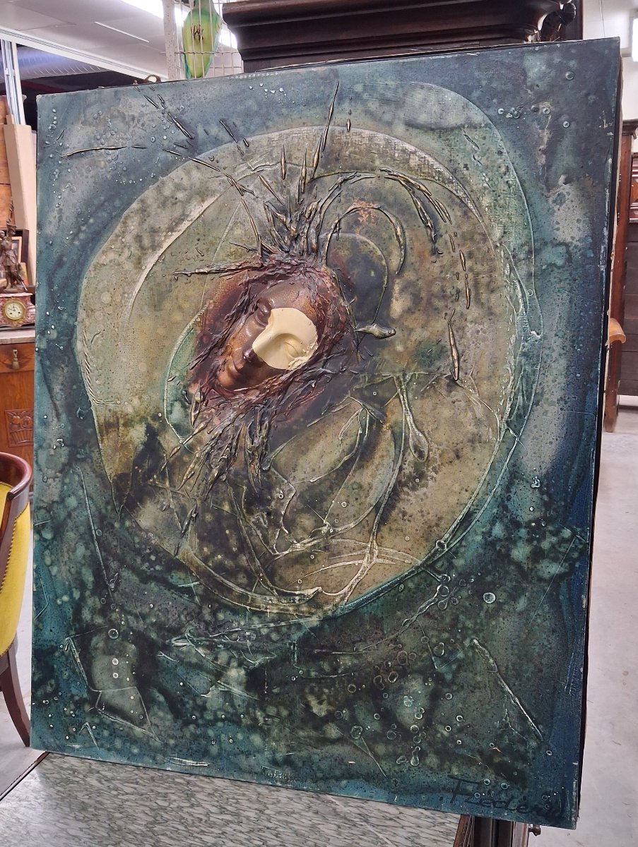 Large Contemporary Mixed-media Composition—face In Relief -photo-3