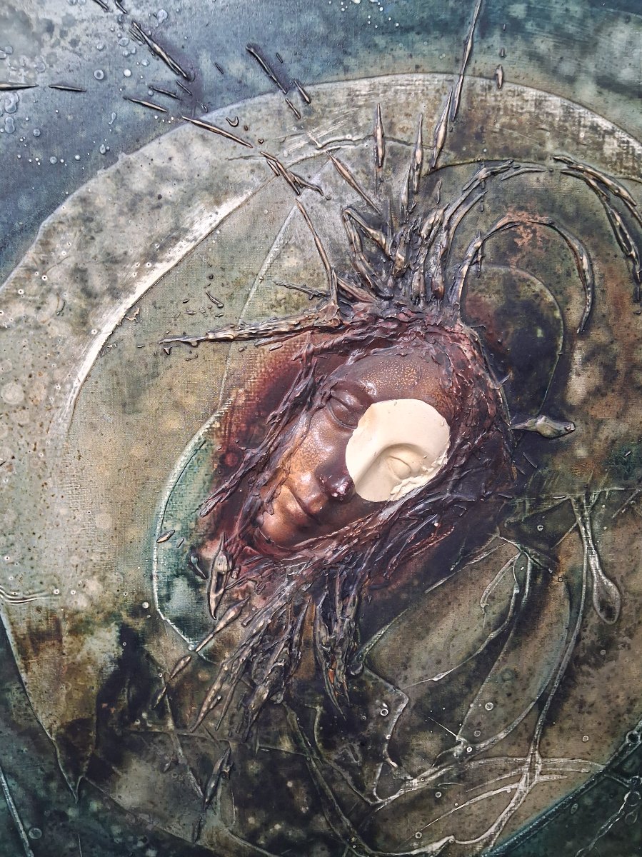 Large Contemporary Mixed-media Composition—face In Relief -photo-3