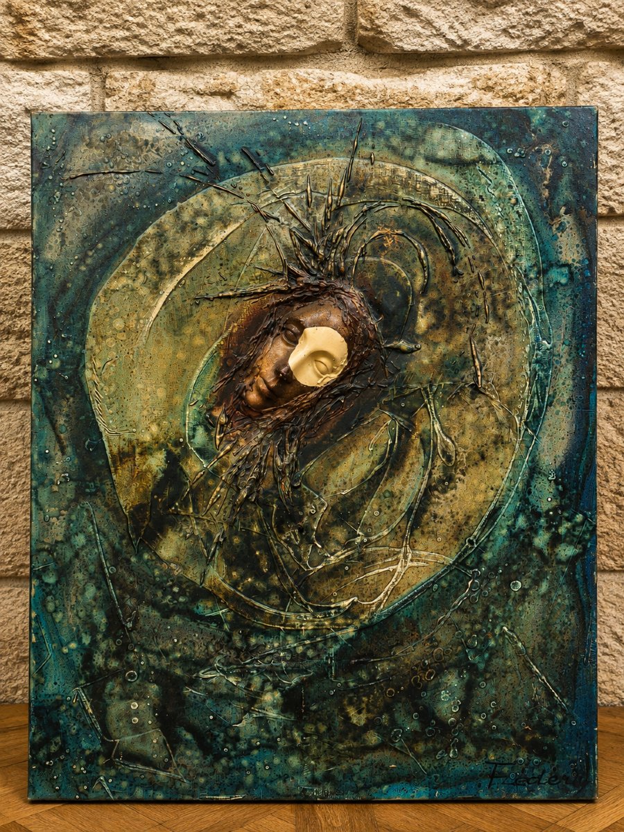 Large Contemporary Mixed-media Composition—face In Relief 