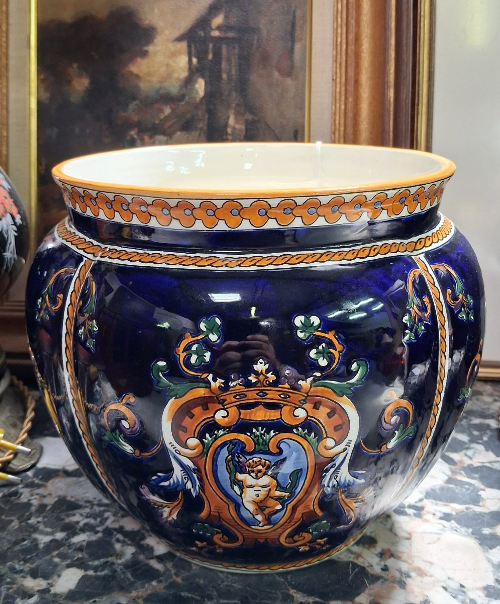 Gien : Cache-pot en faïence émaillée à décor héraldique – style Renaissance -photo-2