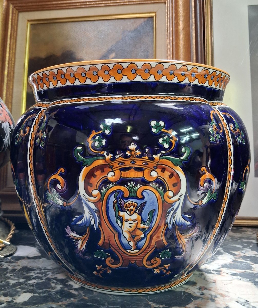Gien : Cache-pot en faïence émaillée à décor héraldique – style Renaissance -photo-4
