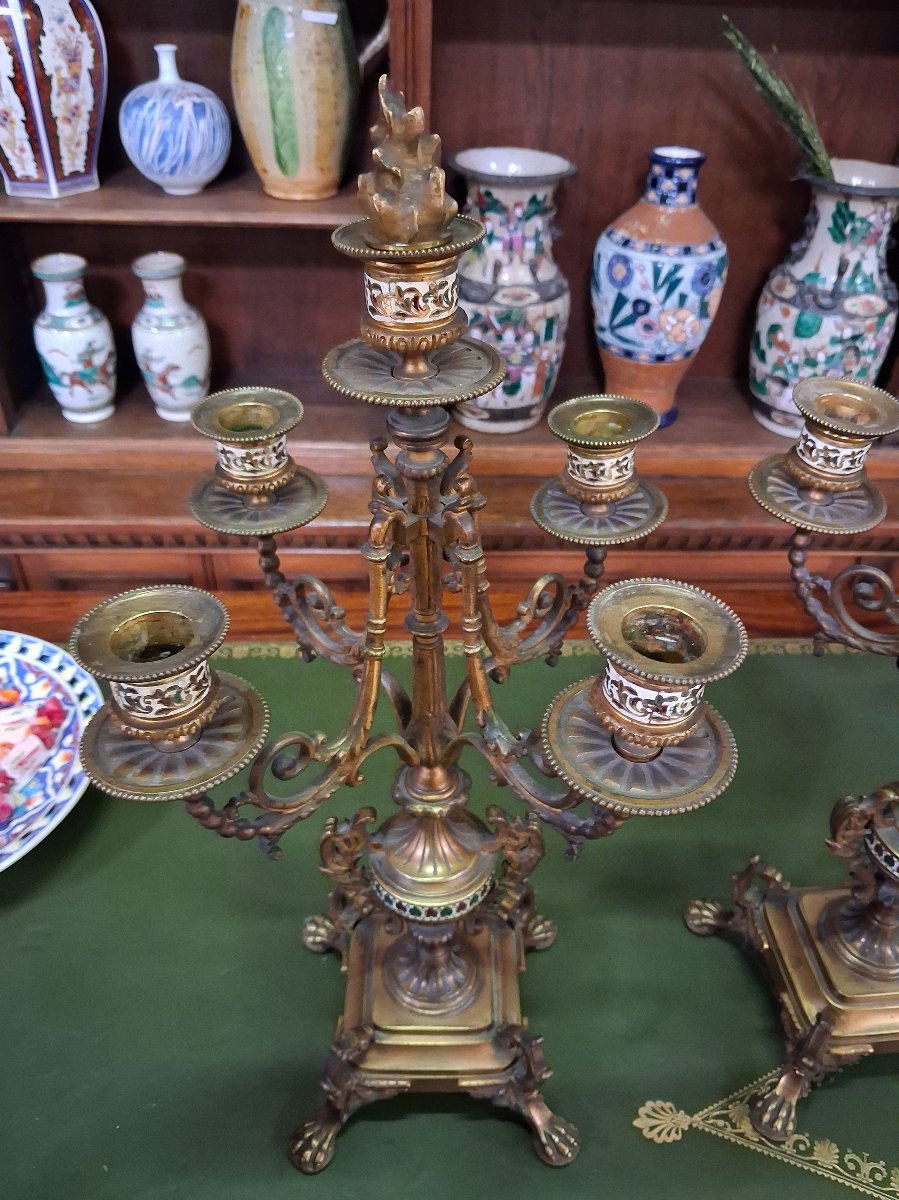 Paire de candélabres en bronze doré et émail – époque Napoléon III -photo-2