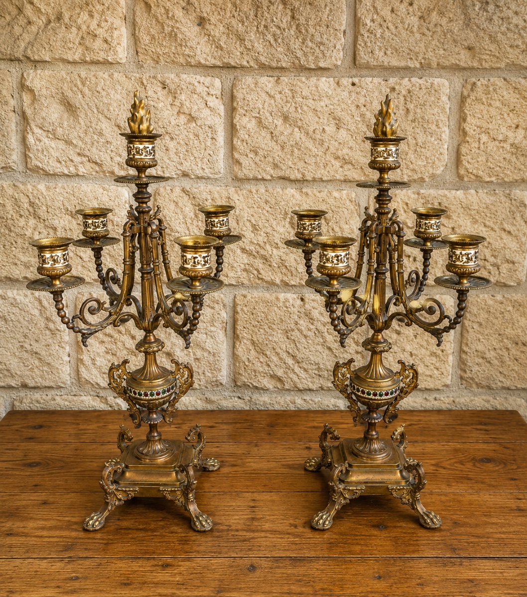 Paire de candélabres en bronze doré et émail – époque Napoléon III 