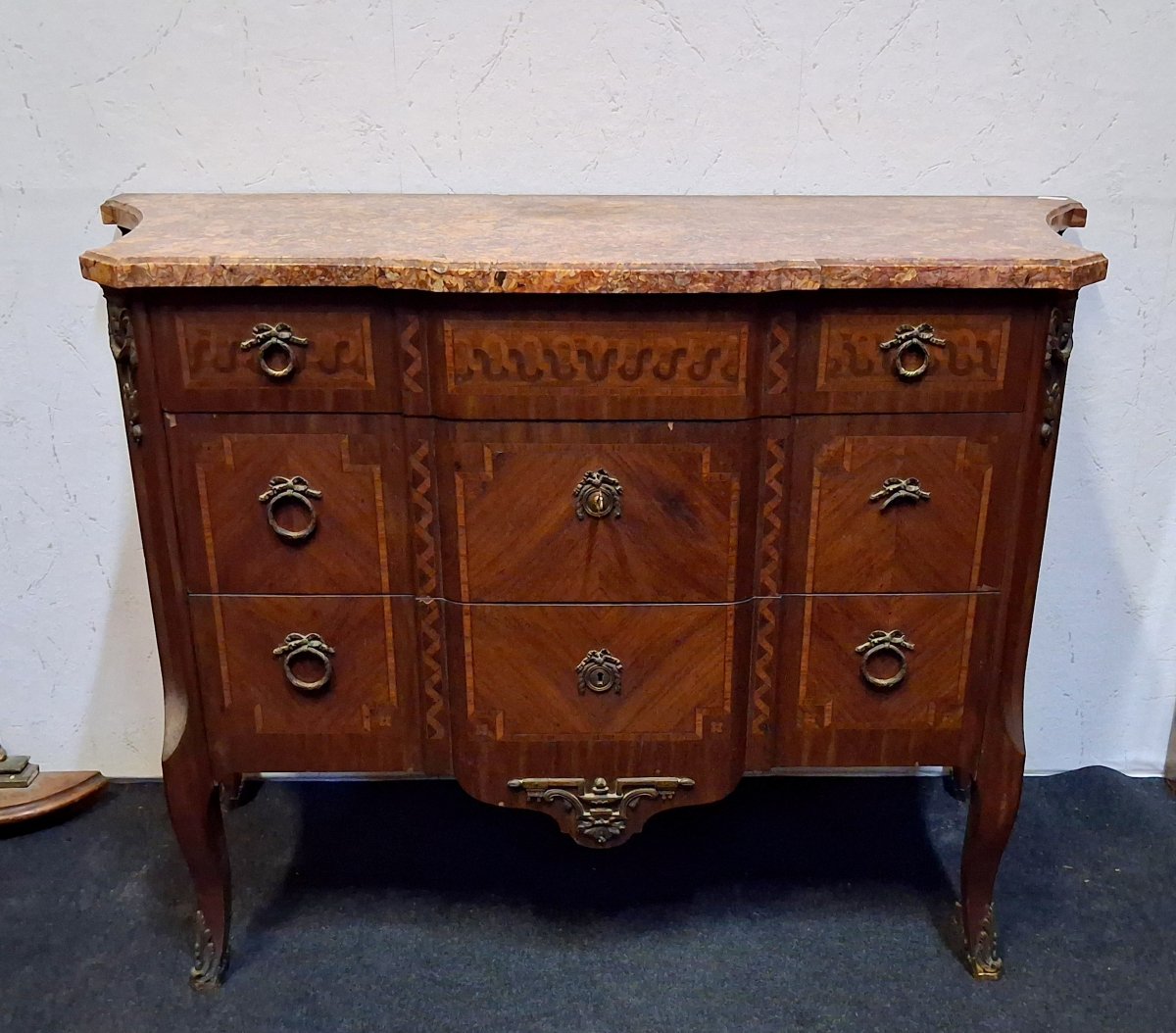 Curved Inlaid Chest Of Drawers – Marble Top – Louis XV–louis XVI Transition Style  -photo-2