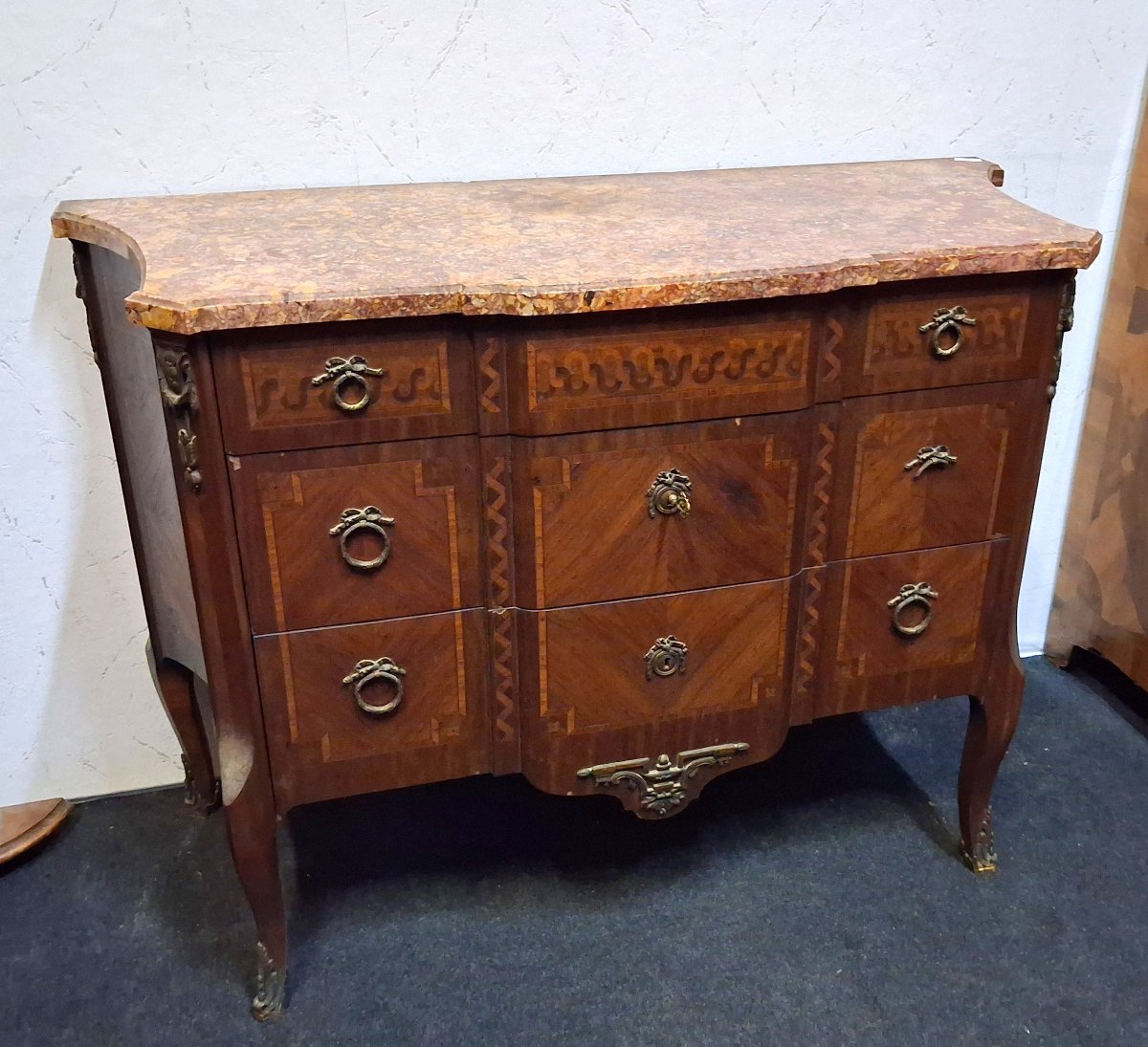 Curved Inlaid Chest Of Drawers – Marble Top – Louis XV–louis XVI Transition Style  -photo-3