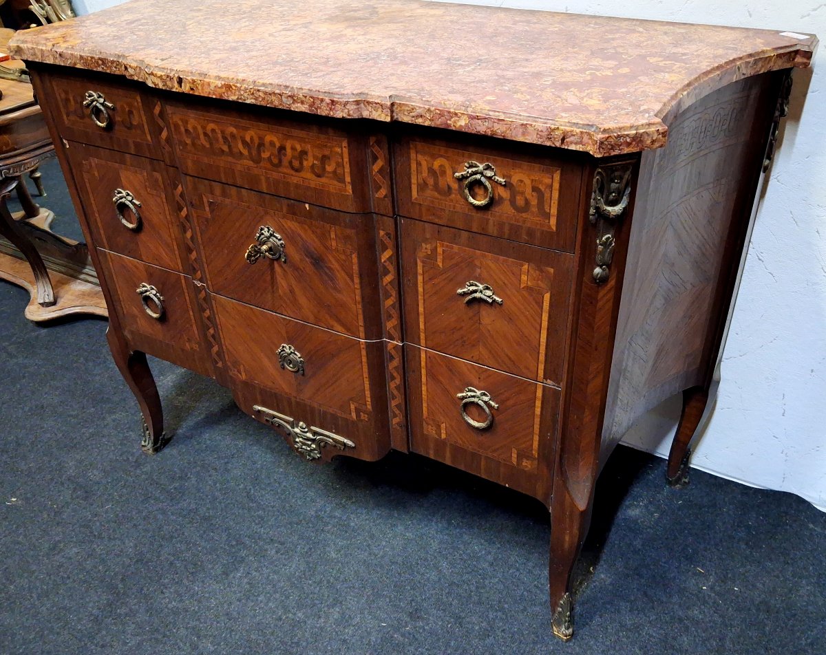 Curved Inlaid Chest Of Drawers – Marble Top – Louis XV–louis XVI Transition Style  -photo-4