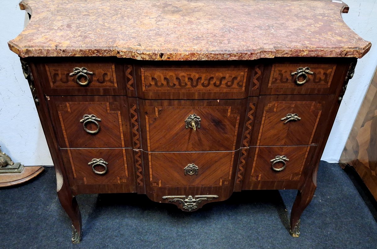 Curved Inlaid Chest Of Drawers – Marble Top – Louis XV–louis XVI Transition Style  -photo-1