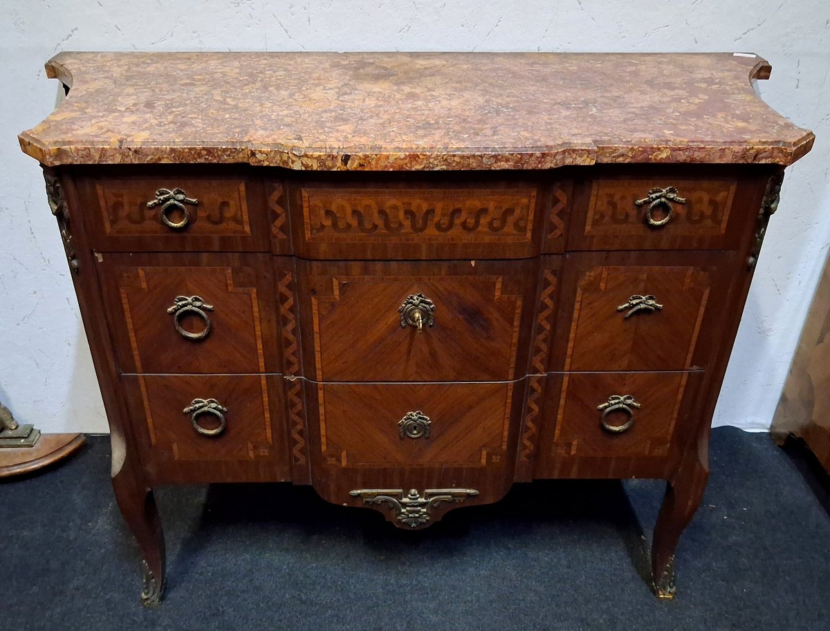 Curved Inlaid Chest Of Drawers – Marble Top – Louis XV–louis XVI Transition Style  -photo-2